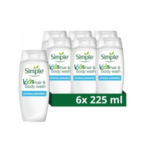 Simple Kind to Skin Kids Hair Shampoo & Body Wash Hypoallergenic Shower Gel 6x 225 ml