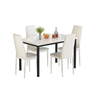 Lamerge Modern 5-Piece Dining Table Set with Faux Marble Countertops and 4 Beige Faux Leather Upholstered Chairs